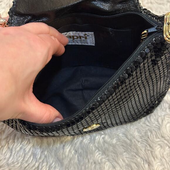 Vintage 80s Glam Black Metal Mesh Bow Purse Shoulder Handbag Chainmaille Gold - Picture 5 of 9